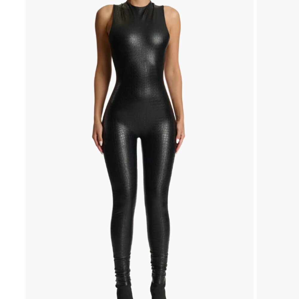 naked wardrobe Black Sleeveless Textured Jumpsuit
